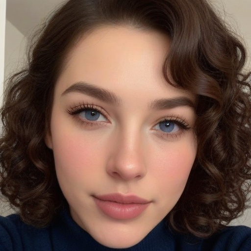 Close-up photorealistic portrait of a woman with voluminous curly brown hair, striking blue eyes, and elegant makeup, showcasing soft makeup and natural tones in a professional beauty photography setting