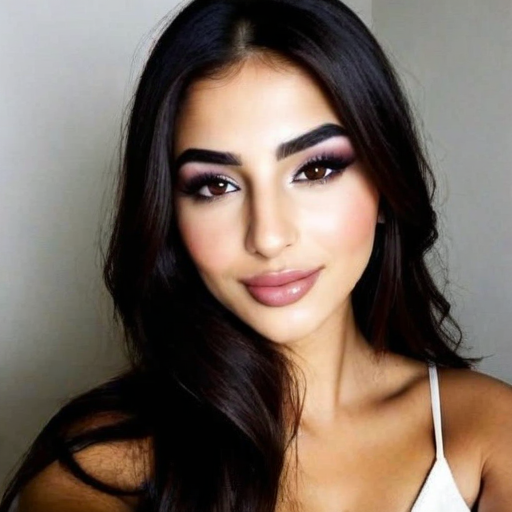 Close-up portrait of a woman with professional makeup, dark wavy hair, soft natural lighting, and elegant beauty composition perfect for beauty and fashion photography content
