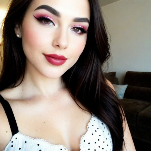 Elegant Portrait of a Woman with Vibrant Pink and Red Makeup, Long Dark Hair, and Polka-Dot Top in a Warm Indoor Setting, Showcasing Beauty and Confidence
