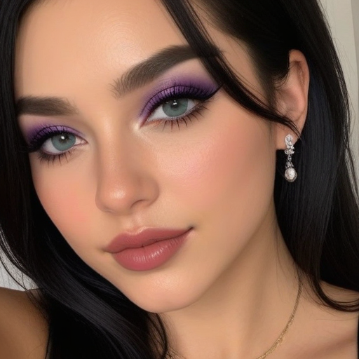 Photorealistic Close-Up Portrait of a Woman with Vibrant Purple Eyeshadow, Glamorous Makeup, Sparkling Diamond Earrings, and a Delicate Necklace in a Beauty Photography Shot
