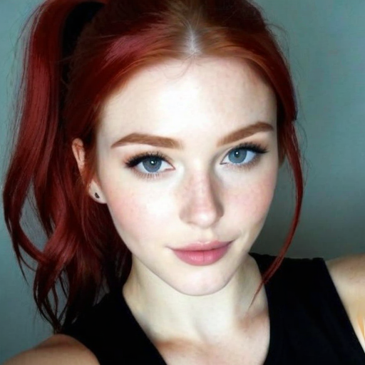 Red-haired woman with striking blue eyes in a soft-lighted casual portrait photograph, showcasing natural makeup, vibrant hair color, and relaxed mood for beauty and lifestyle content