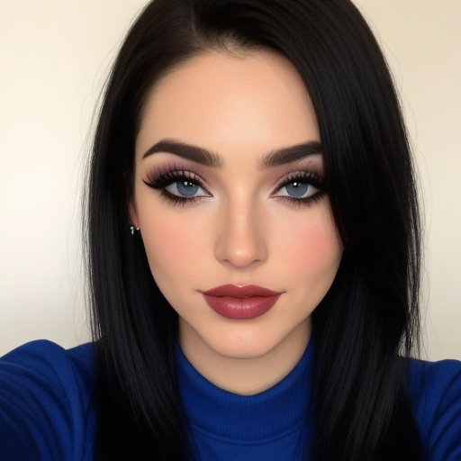 Stunning Photorealistic Portrait of a Woman with Smoky Eyes, Bold Burgundy Lips, and Dark Hair Wearing a Navy Blue Turtleneck Top in Confident, Elegant Composition