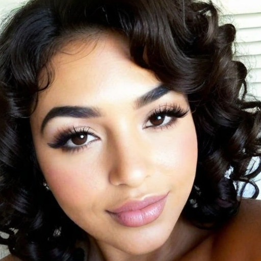 Stunning Photorealistic Portrait of a Woman with voluminous curly hair, dramatic makeup, and warm skin tones exuding elegance and confidence in a close-up composition