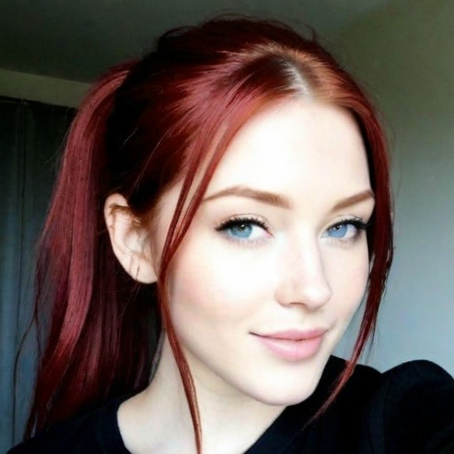 Stunning portrait of a woman with vibrant red hair and striking blue eyes, captured in a natural light selfie style with soft makeup and a calm mood