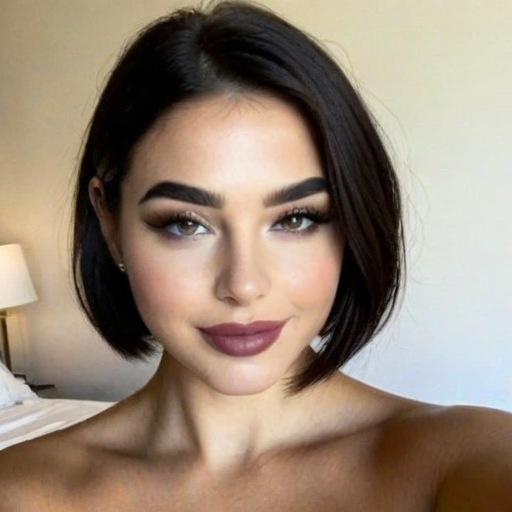 Stylish Portrait of a Woman with Chic Short Bob Hair, Bold Eyebrows, and Matte Plum Lipstick in a Modern Bedroom Setting with Soft Lighting and Warm Tones