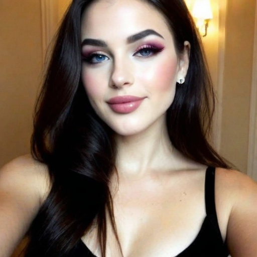 Stylish Portrait of a Woman with Glamorous Purple and Blue Eye Makeup, Blush, Lipstick, Long Dark Hair in Warm-Lit Interior Setting