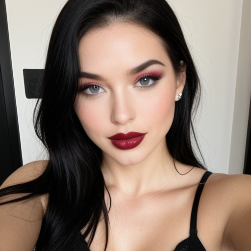 Stylish Portrait of a Woman with Long Black Hair, Bold Red Lipstick, and Smoky Eye Makeup in Photorealistic Photography