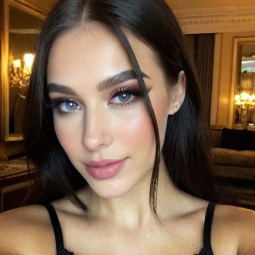 Close-up beauty portrait of a woman with flawless makeup, soft lighting, and elegant indoor setting featuring chandeliers and warm tones for a glamorous aesthetic