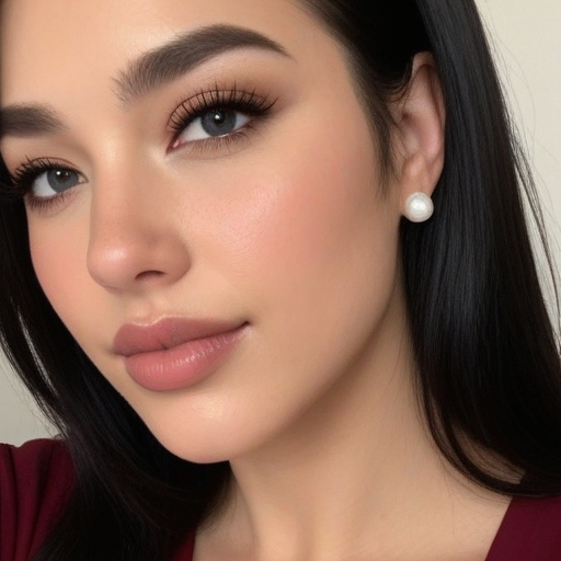Close-up portrait of a woman with elegant makeup, pearl earrings, and sleek black hair showcasing soft makeup and natural beauty in a professional photograph