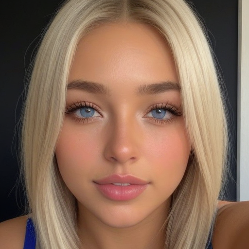 Photorealistic beauty portrait of a woman with blonde hair and blue eyes, featuring soft makeup and natural lighting, capturing a serene and elegant mood in a close-up composition