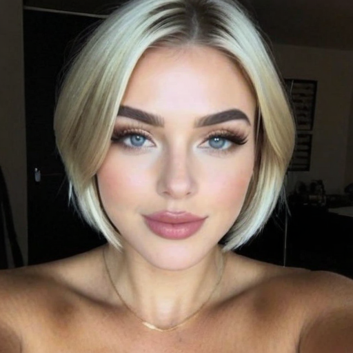 Photorealistic Close-Up Beauty Portrait of a Woman with Platinum Blonde Hair Blue Eyes and Natural Makeup in Soft Lighting