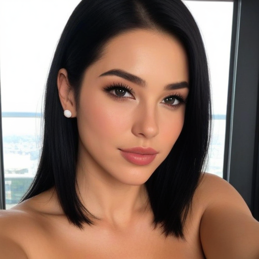 Photorealistic Portrait of a Confident Woman with Long Dark Hair and Soft Natural Makeup in Bright Natural Light, Elegant Beauty Photography