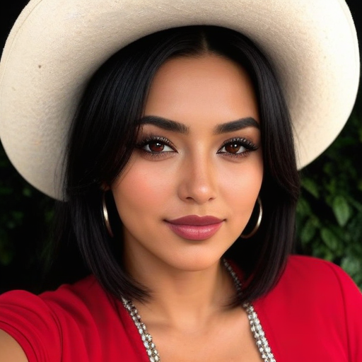 Photorealistic Portrait of a Woman in Red Top and White Wide-Brim Hat with Bold Makeup, Gold Hoop Earrings, Pearl Necklace, and Short Black Hair, Captured Outdoors with Greenery Background for a Stylish Confident Mood