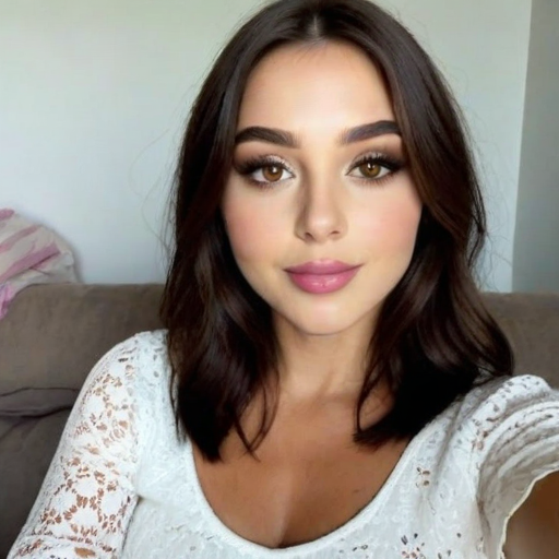 Photorealistic portrait of a woman with wavy brown hair, bold makeup, white lace top, natural lighting for an elegant and polished aesthetic