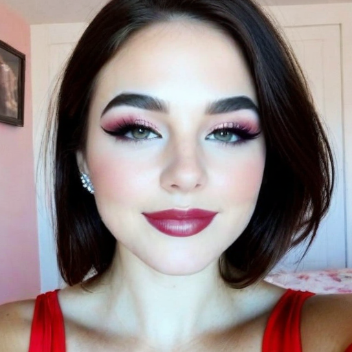 Portrait of a woman with bold red lipstick, winged eyeliner, soft blush, and red dress in cozy indoor setting showcasing professional makeup artistry