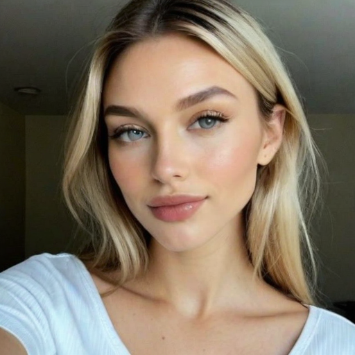 Stylish Portrait of a Woman with Blonde Hair and Soft Natural Makeup in Photorealistic Style, Capturing Calm Expression and Warm Lighting for Beauty and Fashion Content