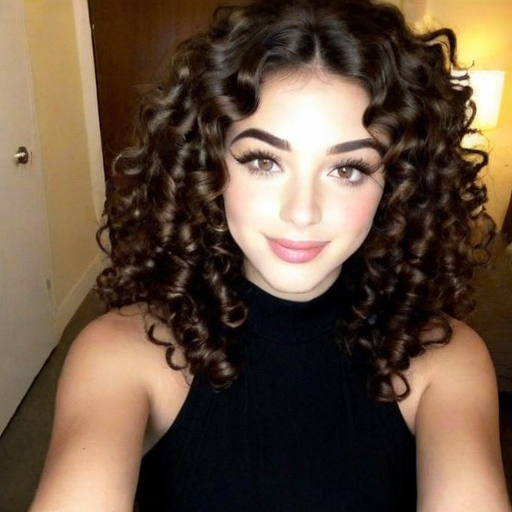 Stylish Portrait of a Woman with Voluminous Dark Brown Curly Hair, Soft Lighting, Classic Makeup, and Modern Fashion in Indoor Setting