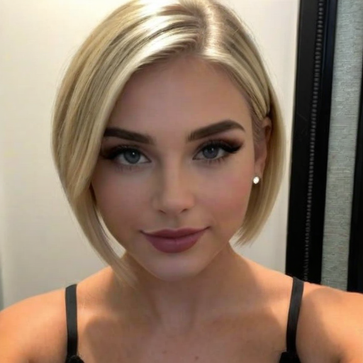 Stylish Short Blonde Bob Hairstyle and Bold Winged Eyeliner Makeup Look on a Woman in a Black Strappy Top, Photorealistic Portrait with Soft Lighting and Natural Skin Tone