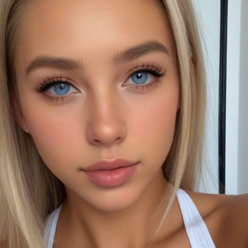 Close-Up Beauty Portrait of a Woman with Vibrant Blue Eyes and Blended Blonde Hair, Natural Makeup, Soft Lighting, Elegant Facial Features, Professional Photography