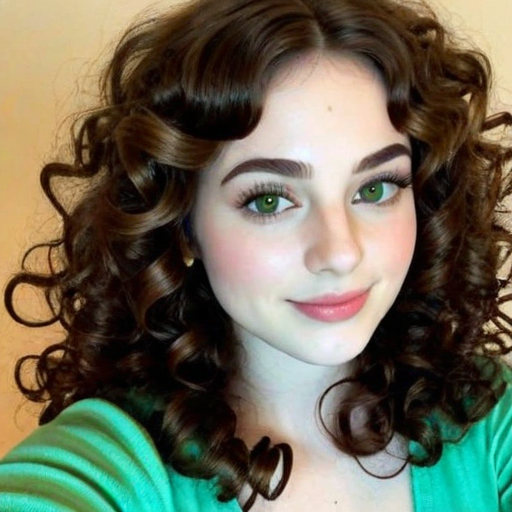 Close-Up Beauty Portrait of a Woman with Voluminous Curly Brown Hair, Green Top, Natural Lighting, and Radiant Smiling Expression