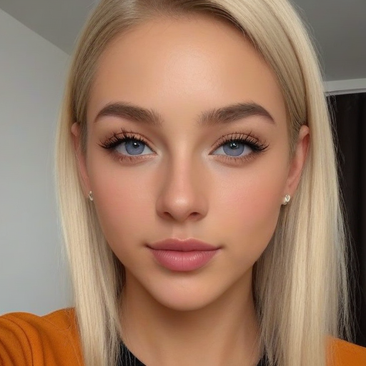 Close-Up Photorealistic Portrait of a Blonde Woman with Blue Eyes Wearing Orange Top and Delicate Earrings in Soft Natural Light Setting