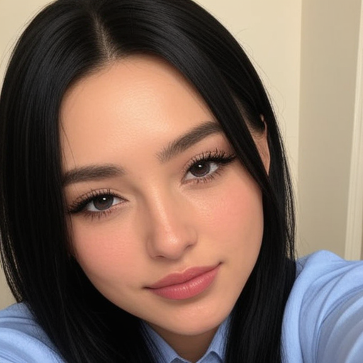Close-Up Photorealistic Portrait of a Woman with Long Black Hair, Natural Makeup, and Light Blue Top in Soft Indoor Lighting