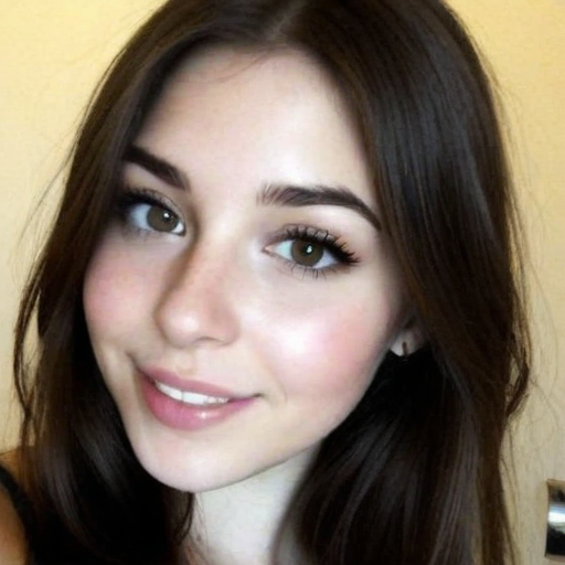 Close-up portrait of a woman with long brown hair, natural makeup, soft lighting, and warm tones creating a fresh and approachable beauty shot