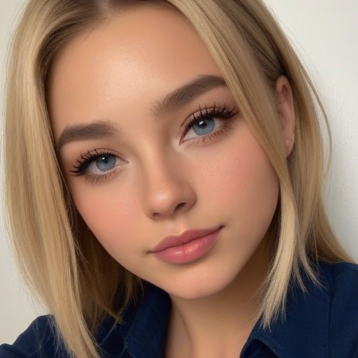 Photorealistic Beauty Portrait of a Woman with Blonde Hair and Blue Eyes in Natural Light, Elegant Studio Portrait Photography