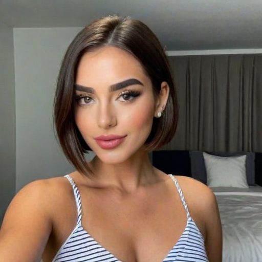Photorealistic Beauty Portrait of a Woman with Short Brown Hair, Striped Top, and Perfect Makeup in a Modern Bedroom Setting