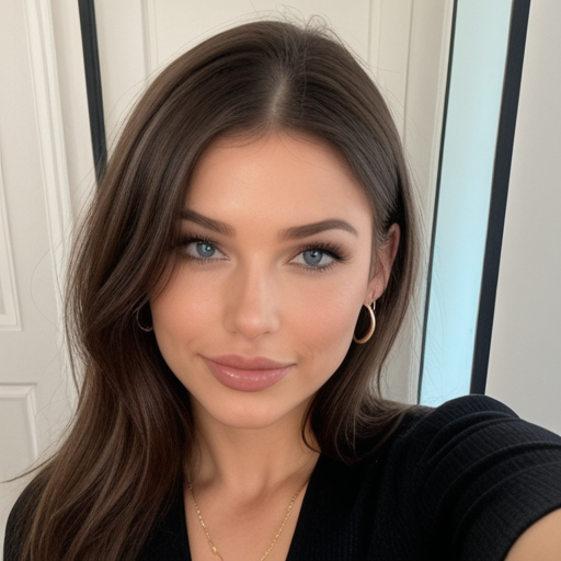 Photorealistic close-up portrait of a woman with blue eyes and long brown hair in natural light setting, showcasing professional makeup and confident expression for beauty photography