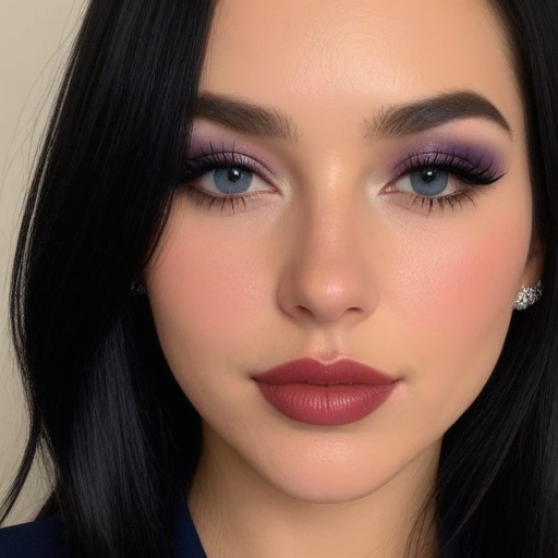 Photorealistic Close-Up Portrait of a Woman with Elegant Purple Eyeshadow, Blue Eyes, Red Lipstick, and Natural Skin Tone for Beauty and Fashion Photography