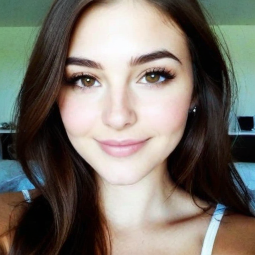 Photorealistic close-up portrait of a woman with long brown hair and natural makeup, confident smile, soft natural light in home setting, beauty photography