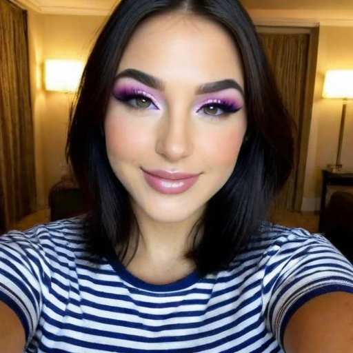 Photorealistic Selfie Portrait of a Woman with Bold Purple Eyeshadow and Striped Top in a Cozy Hotel Room Setting with Warm Lighting