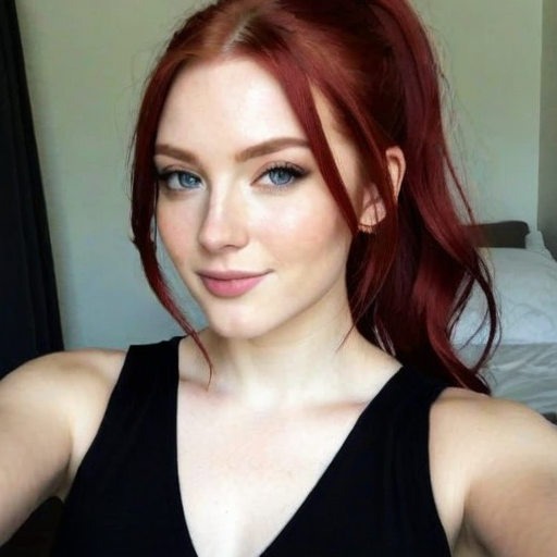 Red-haired woman with striking blue eyes in elegant beauty portrait, photorealistic self-portrait showcasing soft natural light and flawless makeup