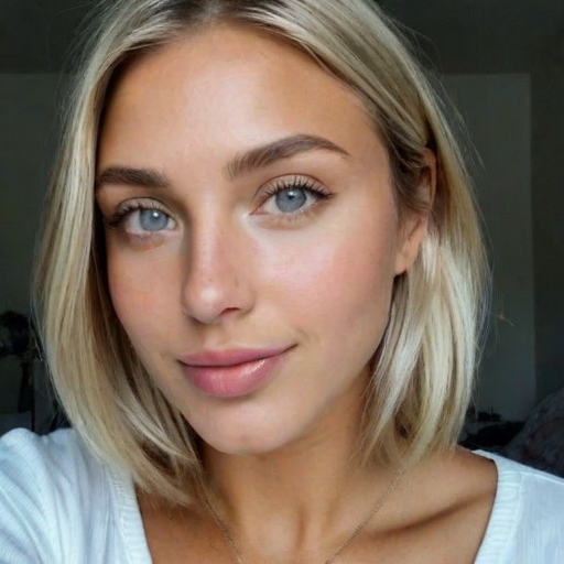 Serene Close-Up Portrait of a Woman with Blonde Hair and Blue Eyes in Natural Light, Soft Makeup, White Top, Photorealistic Style
