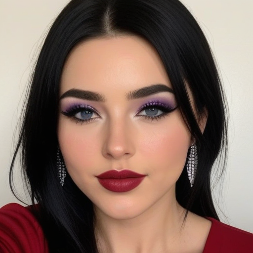 Stunning close-up portrait of a woman featuring vibrant purple eyeshadow, deep red lipstick, and elegant diamond drop earrings in a professional studio setting