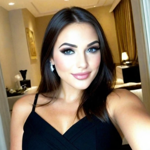 Stylish Beauty Portrait of a Woman in Black Dress with Sophisticated Makeup in Elegant Hotel Room Setting