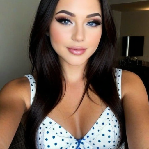 Stylish Beauty Portrait of a Woman with Long Dark Hair Wearing a White Polka-Dot Dress in a Soft-Lit Indoor Setting with Natural Makeup and Confident Expression