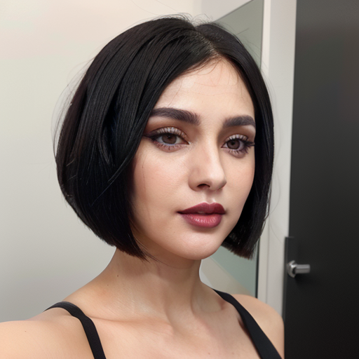 Stylish Beauty Portrait of a Woman with Short Black Bob Hair and Bold Makeup in Indoor Setting
