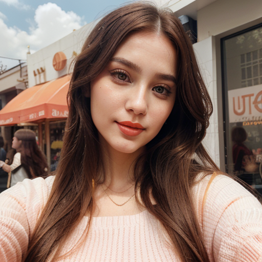 Stylish Female Beauty Portrait in Urban Street Setting with Beige Sweater, Orange Canopy, and Clear Blue Sky Background