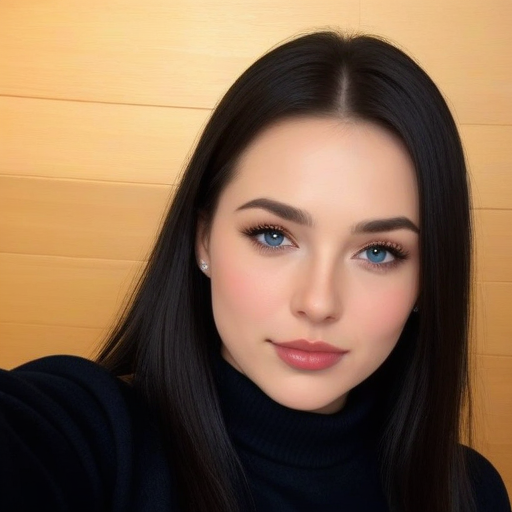 Close-Up Beauty Portrait of a Woman with Blue Eyes and Long Dark Hair in Natural Light, Wearing a Black Turtleneck, Perfect for Fashion and Lifestyle Photography