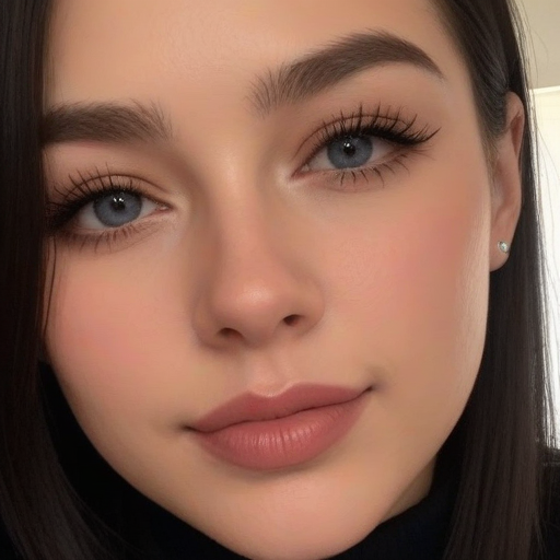 Close-Up Beauty Portrait of a Woman with Blue Eyes Long Lashes and Soft Makeup in Natural Light Photorealistic Style