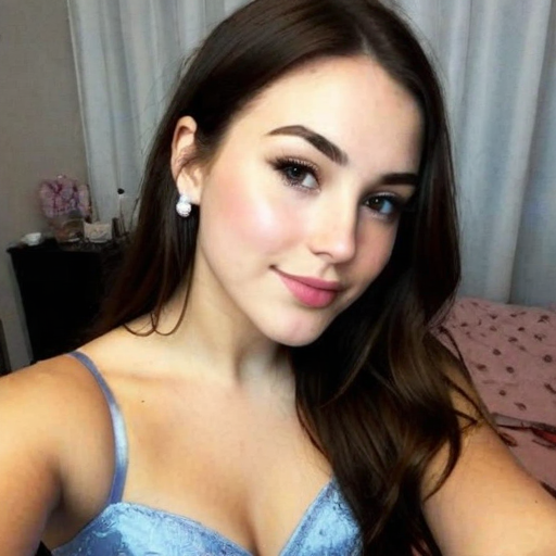 Close-up beauty portrait of a woman with elegant makeup in a light blue dress, soft natural light bedroom setting, self-portrait photography
