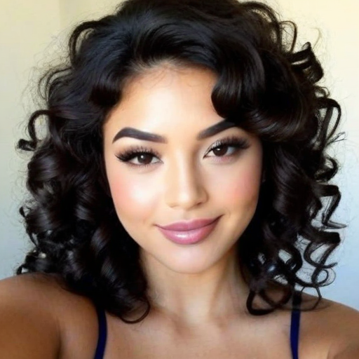 Close-Up Beauty Portrait of Woman with Voluminous Curly Dark Hair and Professional Makeup in Soft Studio Lighting