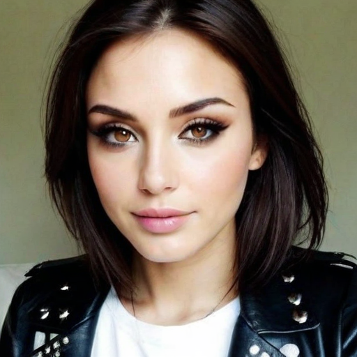 Close-Up Photorealistic Beauty Portrait of a Woman with Smoky Eye Makeup, Dark Brown Hair, and Black Leather Jacket in Studio Setting, Natural Lighting