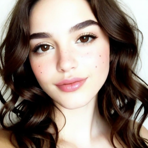 Close-Up Photorealistic Portrait of a Woman with Curly Brown Hair, Freckles, and Soft Natural Makeup in Gentle Lighting, Highlighting Beauty and Serenity for Instagram and Beauty Blog Content