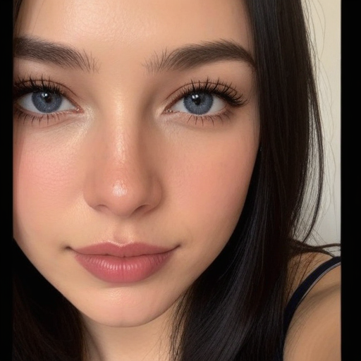 Close-up portrait of a woman with striking blue eyes, long dark hair, natural makeup, and soft studio lighting enhancing her skin texture and gentle expression