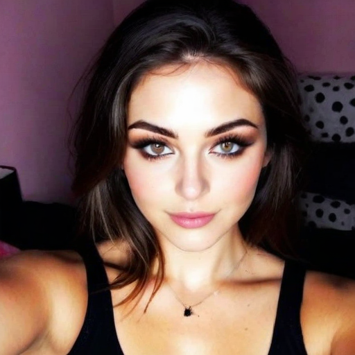 Close-Up Selfie Portrait of a Woman with Smoky Eye Makeup, Blush, and Lipstick, Wearing a Black Tank Top and Necklace Against a Pink Background