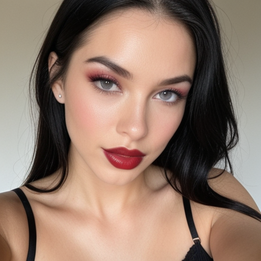 Photorealistic Beauty Portrait of a Woman with Bold Red Lipstick and Pink Eyeshadow, Close-Up Portrait Photography in Soft Natural Lighting