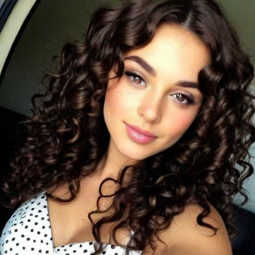 Photorealistic beauty portrait of a woman with long voluminous curly brown hair wearing a white polka dot top in natural light indoor setting